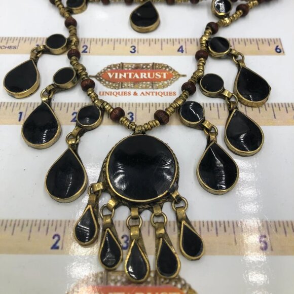 Two Layers Tribal Stones Vintage Necklace, Afghan Metal and Wooden Beaded Chain - Picture 3 of 7